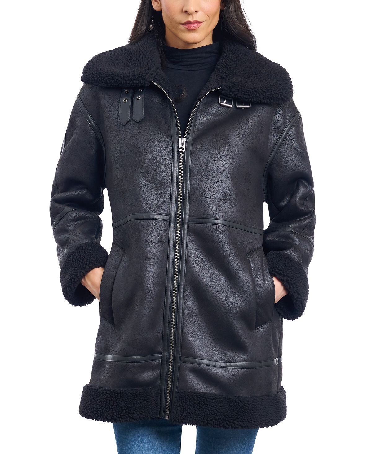 

Женское пальто из искусственной овчины на молнии спереди Lucky Brand, черный