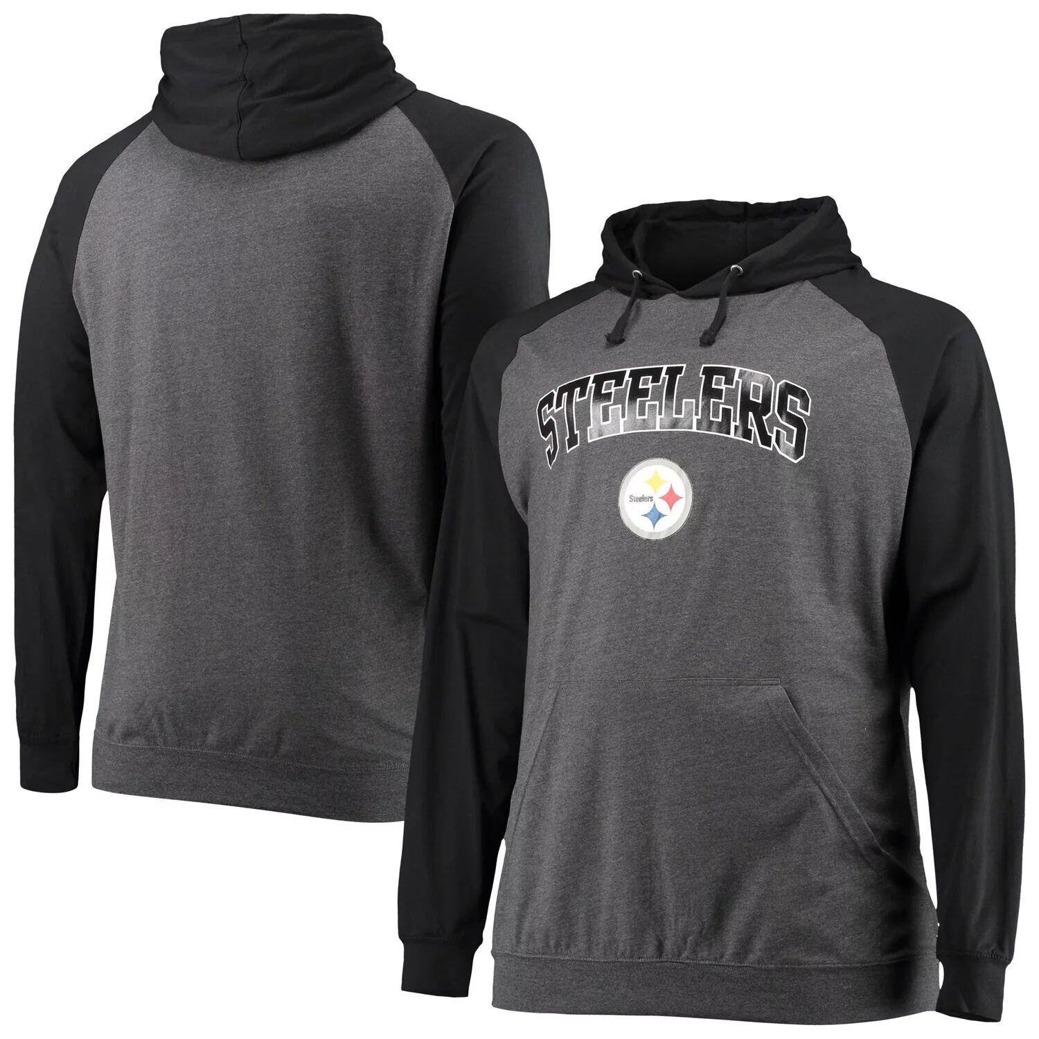 

Мужской фирменный черный/темно-угольный пуловер Pittsburgh Steelers Big & Tall с капюшоном и пуловером реглан Fanatics