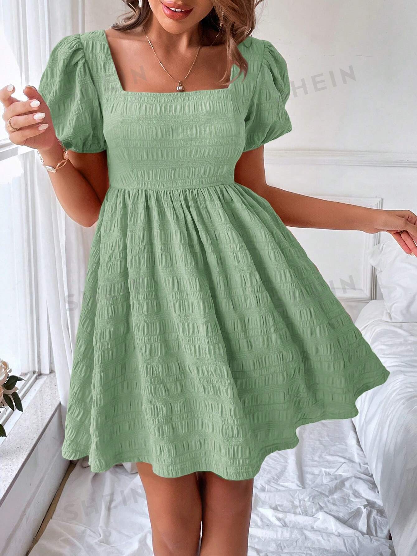 SHEIN VCAY Женское платье с квадратным вырезом и короткими пышными рукавами, мятно-зеленый