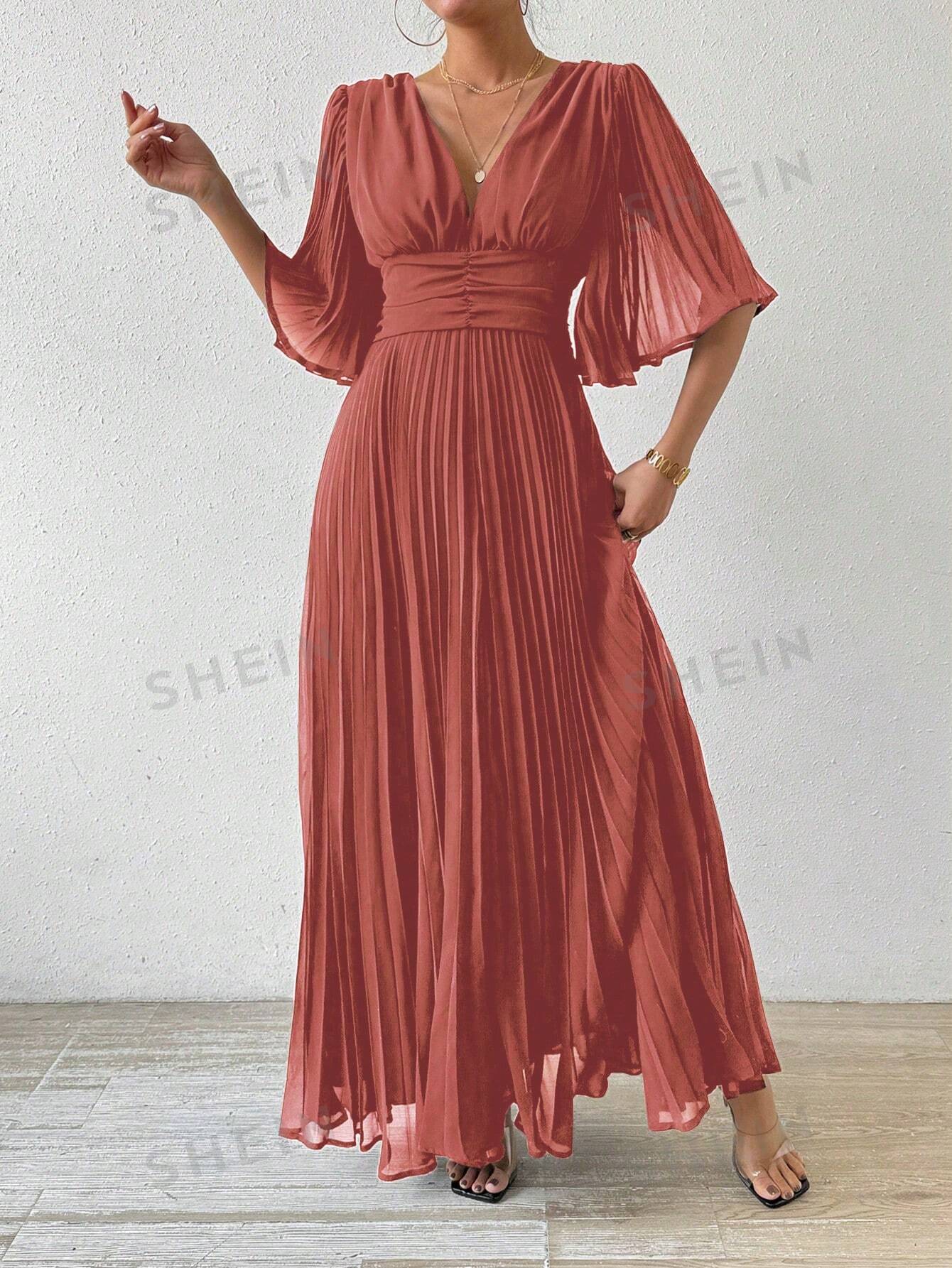 цена SHEIN Privé Однотонное платье миди со складками и поясом на талии, пыльный розовый