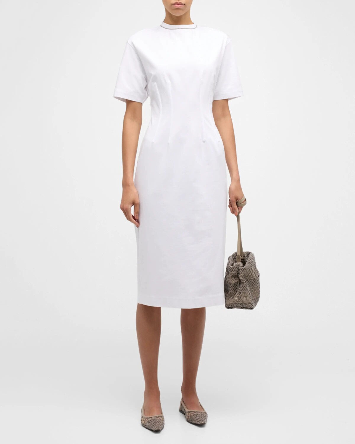 

Платье-футболка миди из джерси с отделкой Monili-Trim Corset Techno Couture Brunello Cucinelli, цвет C159 White Monile