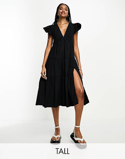 

Черное платье миди с оборками и рукавами Vero Moda Tall