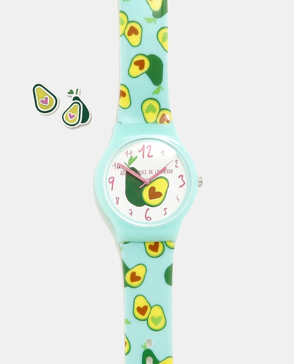 Комплект из часов и серег Turquoise Flip Avocado Agatha Ruiz de la Prada, бирюзовый серьги с принтом улыбающиеся авокадо