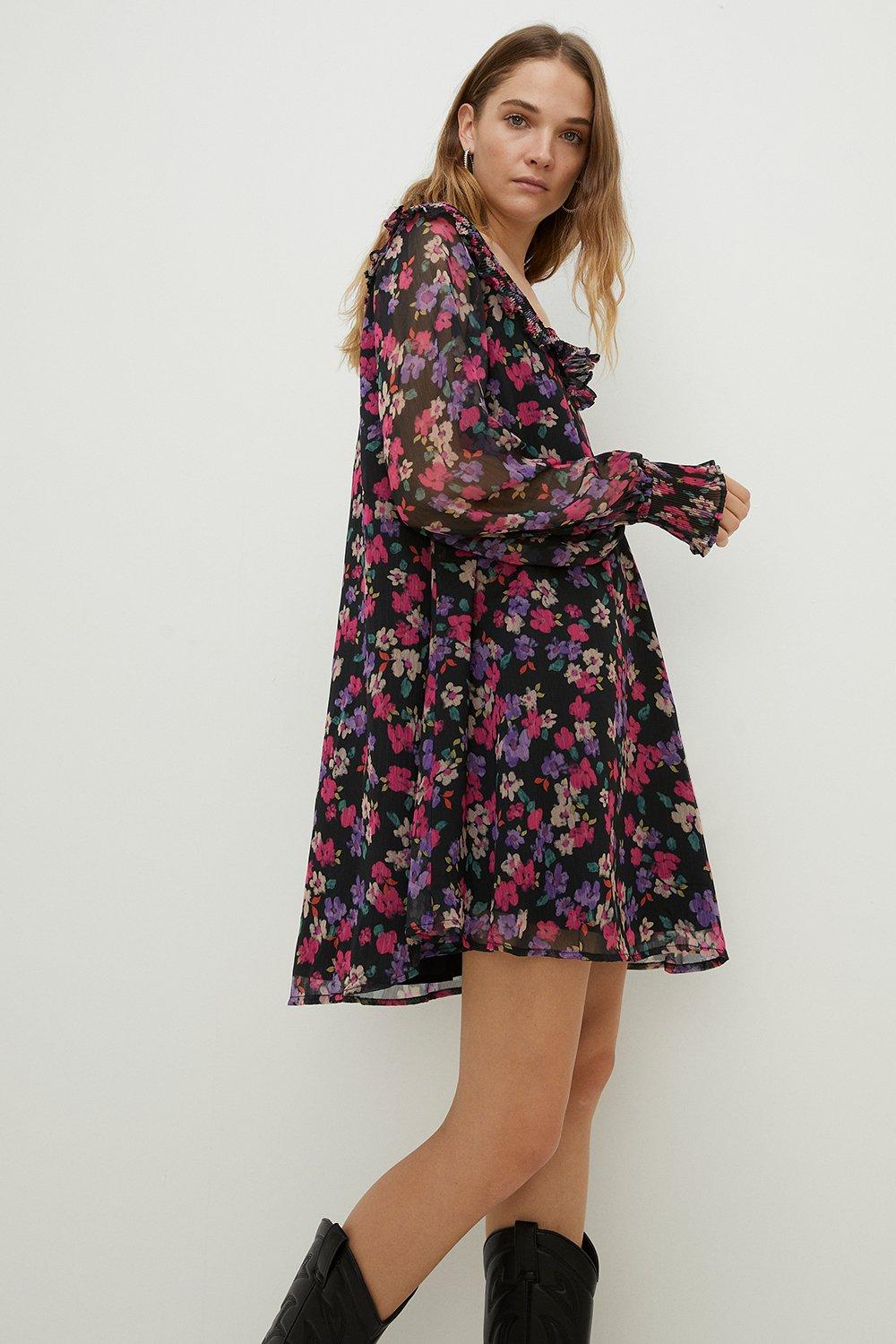 Плиссированное платье с V-образным вырезом и цветочным принтом Oasis, мультиколор цена и фото