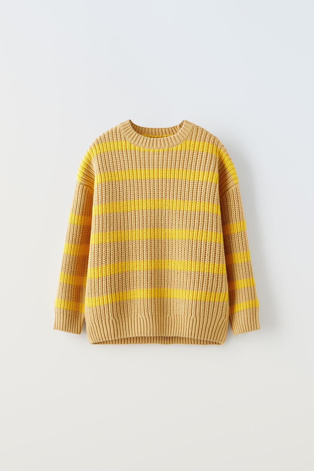 Трикотажный свитер в полоску ZARA, желтый мужской вязаный свитер с круглым вырезом в японском стиле