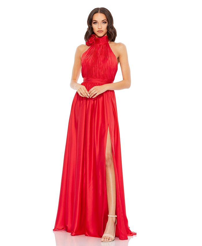 Женское платье с мягким воротником и высоким разрезом на завязках Mac Duggal, красный женское свадебное платье с юбкой годе элегантное кружевное платье с аппликацией длинным рукавом вырезом лодочкой и открытой спиной со шл