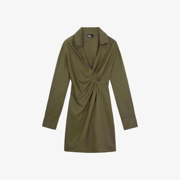 

Платье мини из смесового льна с V-образным вырезом и драпировкой The Kooples, цвет kaki