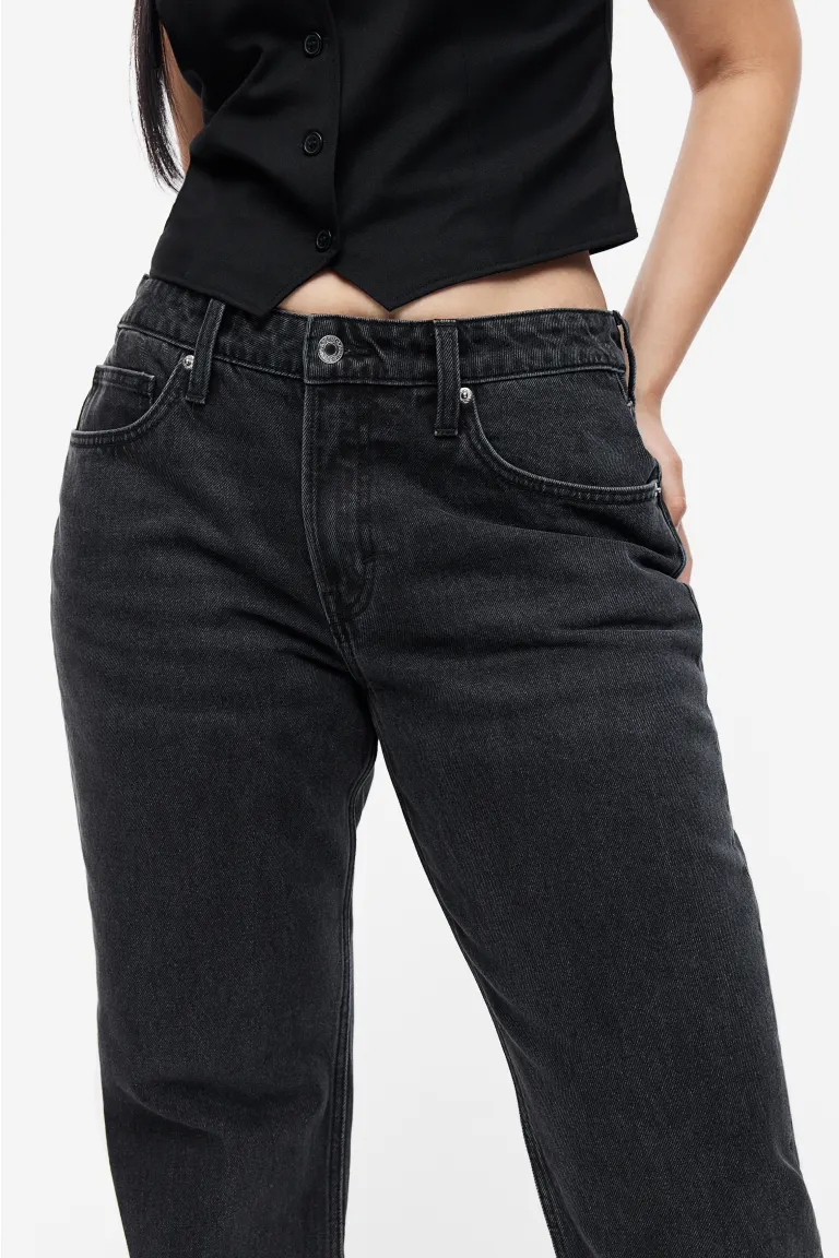 Прямые джинсы стандартного кроя с пышной посадкой H&M, черный цена и фото