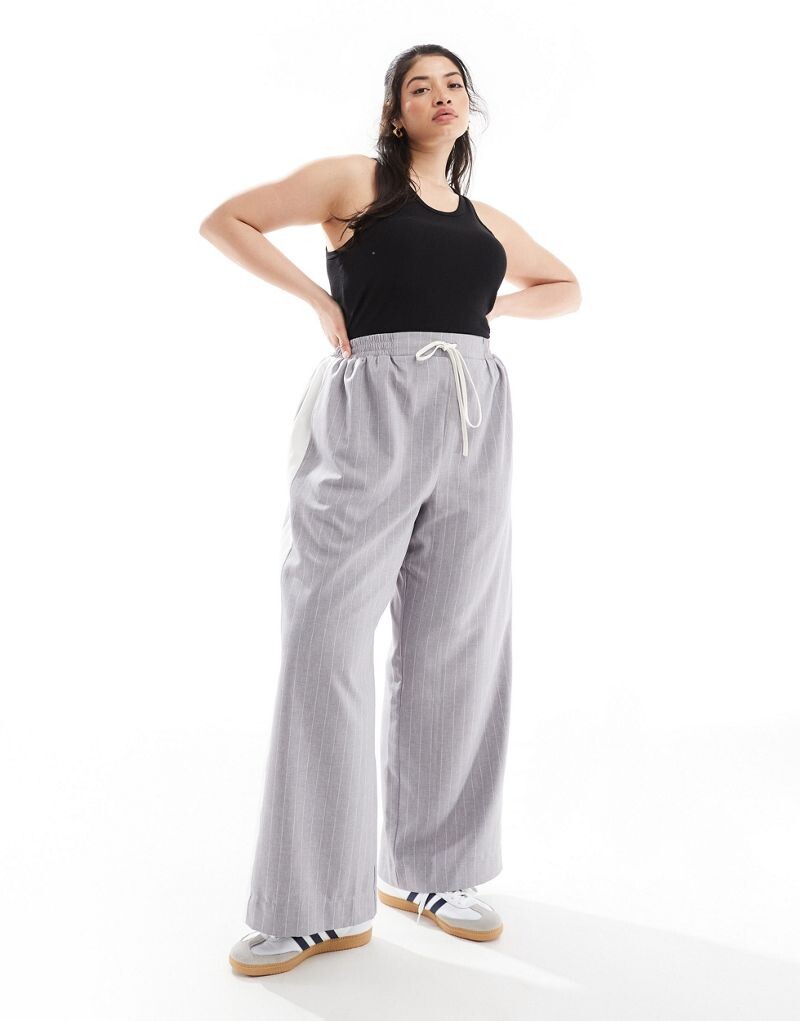 

ASOS DESIGN Curve – брюки без застежки в серую полоску с контрастной вставкой
