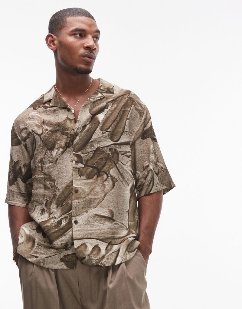 

Topman - Коричневая удобная рубашка с короткими рукавами и металлизированным принтом