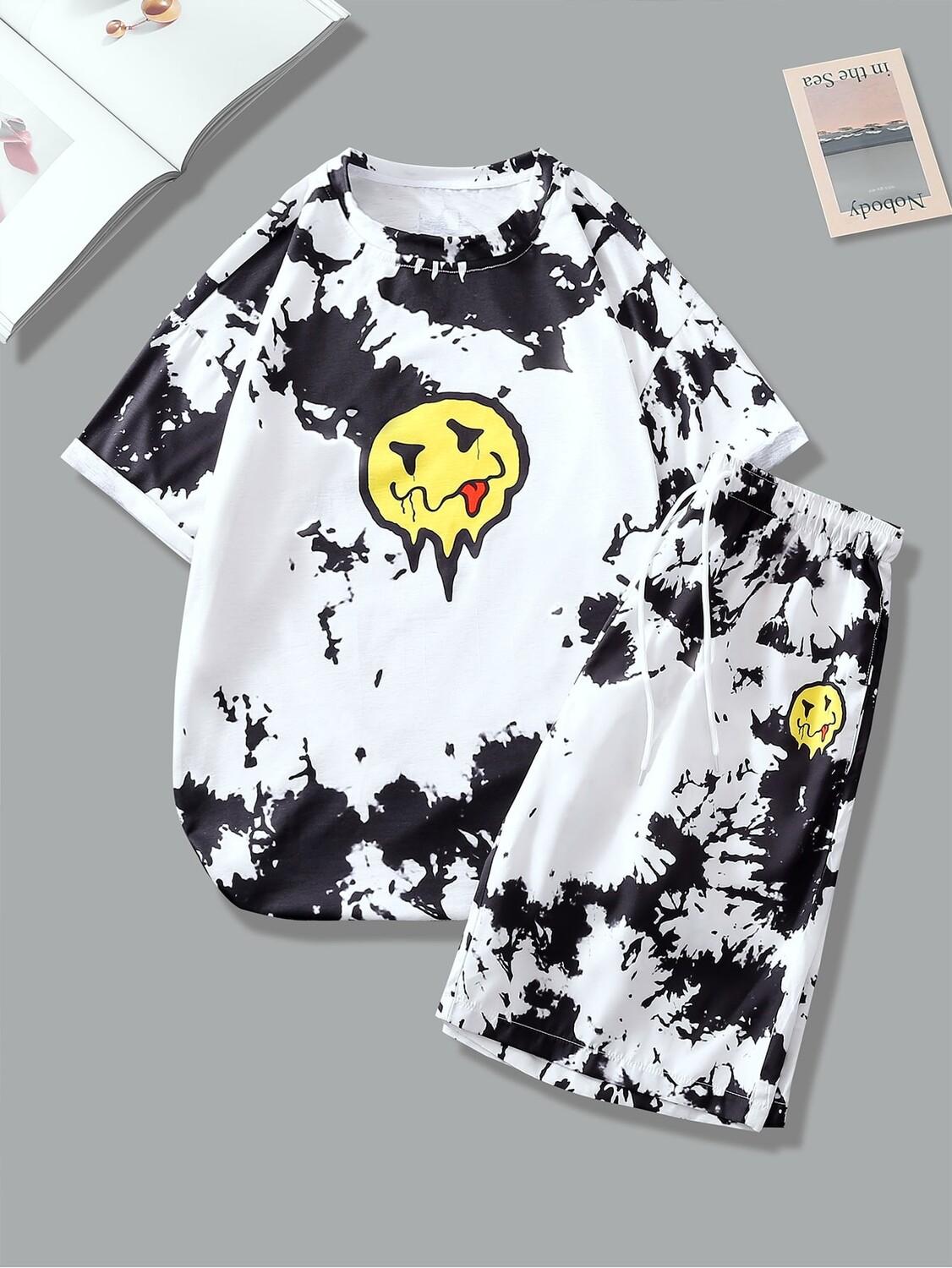 

Мужская футболка и шорты EMRG Tie Dye с мультяшным изображением Manfinity, черно-белый