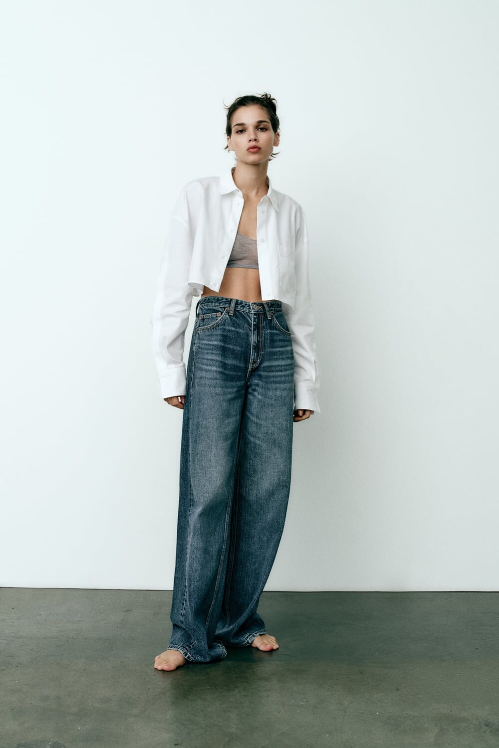

Укороченная рубашка из габардина ZARA, белый