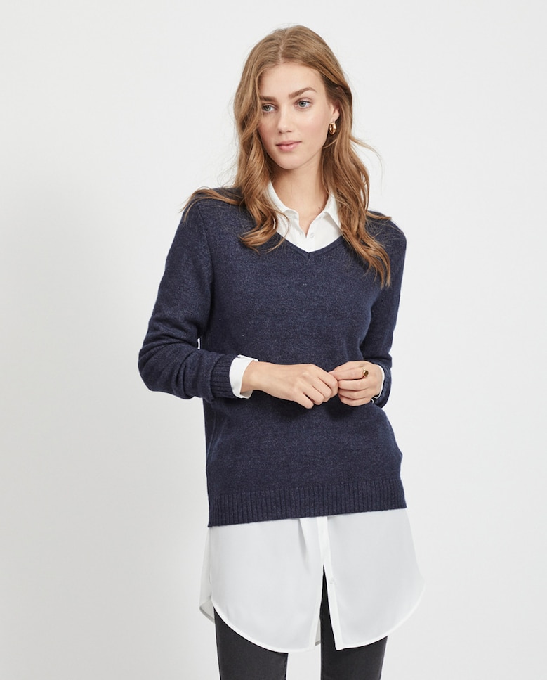 цена Женский свитер с длинными рукавами и V-образным вырезом Vila, темно-синий