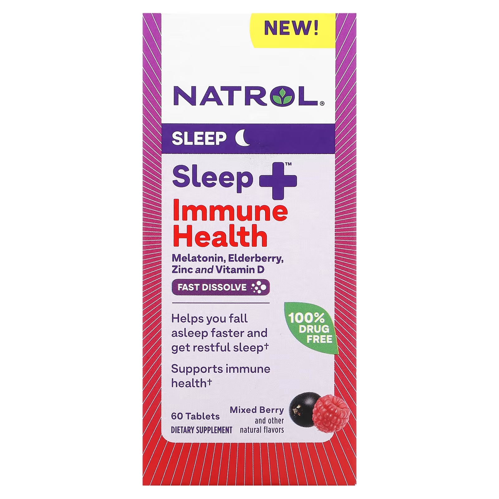 Пищевая добавка Natrol Sleep + Immune Health ягодная смесь, 60 таблеток pink beauty rest melatonin sleep натуральная ягодная смесь 70 жевательных таблеток