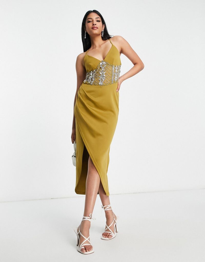 

Корсетное платье миди цвета хаки с разрезом и украшениями ASOS DESIGN