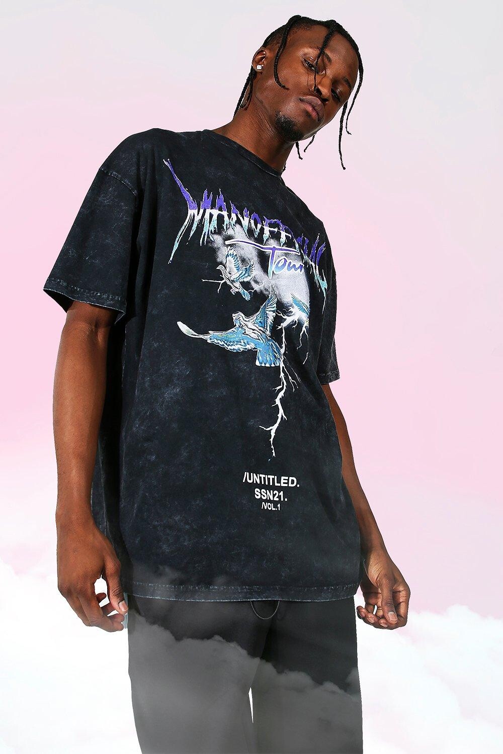 Футболка оверсайз с принтом tour acid wash Boohoo, угольный