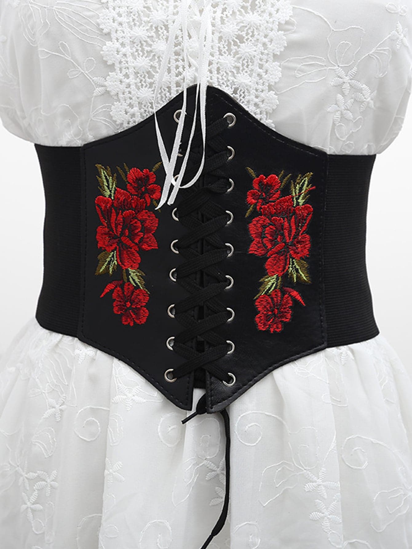 цена 1 шт. женский цветочный вышитый декор с проушинами на шнуровке спереди корсетный пояс, черный