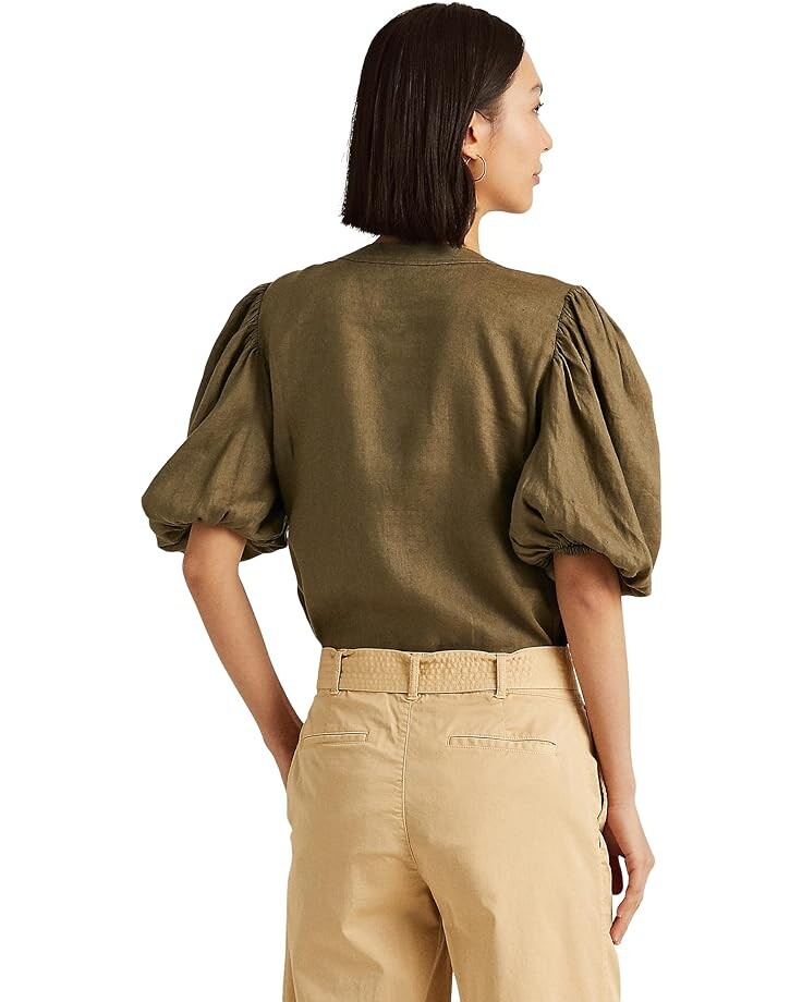 

Блуза LAUREN Ralph Lauren Linen Puff-Sleeve Blouse, цвет Olive Fern