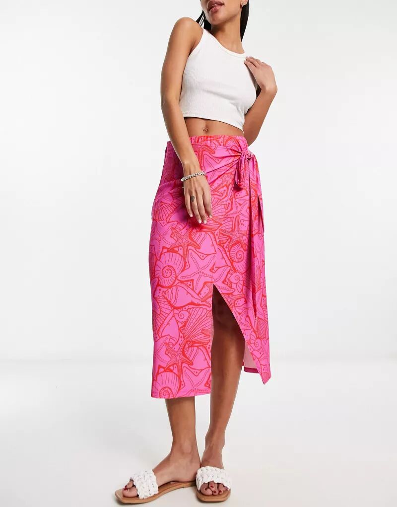 цена JDY – эксклюзивная юбка-миди розового цвета с красным узором-ракушкой и завязками по бокам