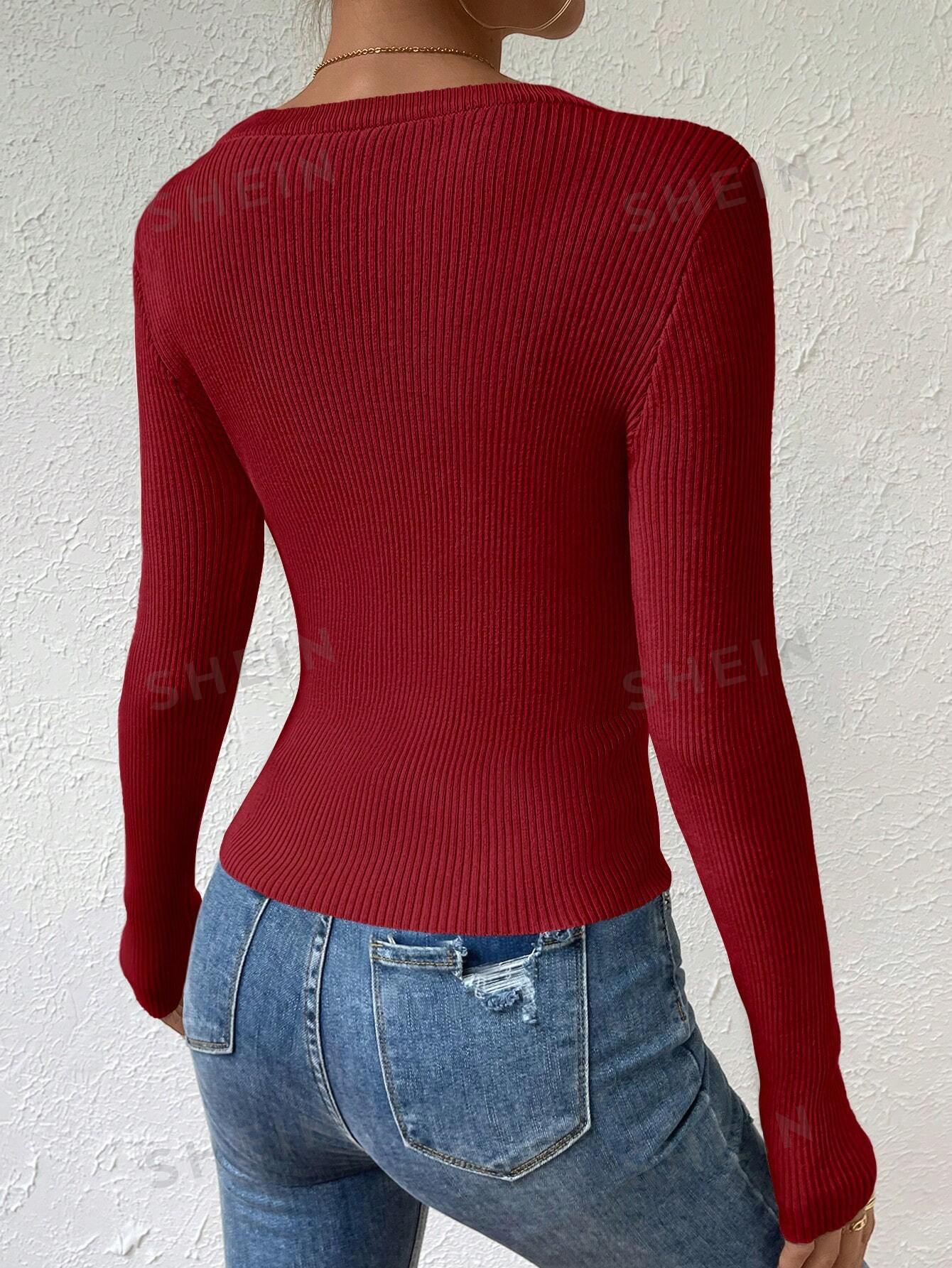 SHEIN Essnce Простой женский свитер с круглым вырезом и длинными рукавами, бургундия цена и фото