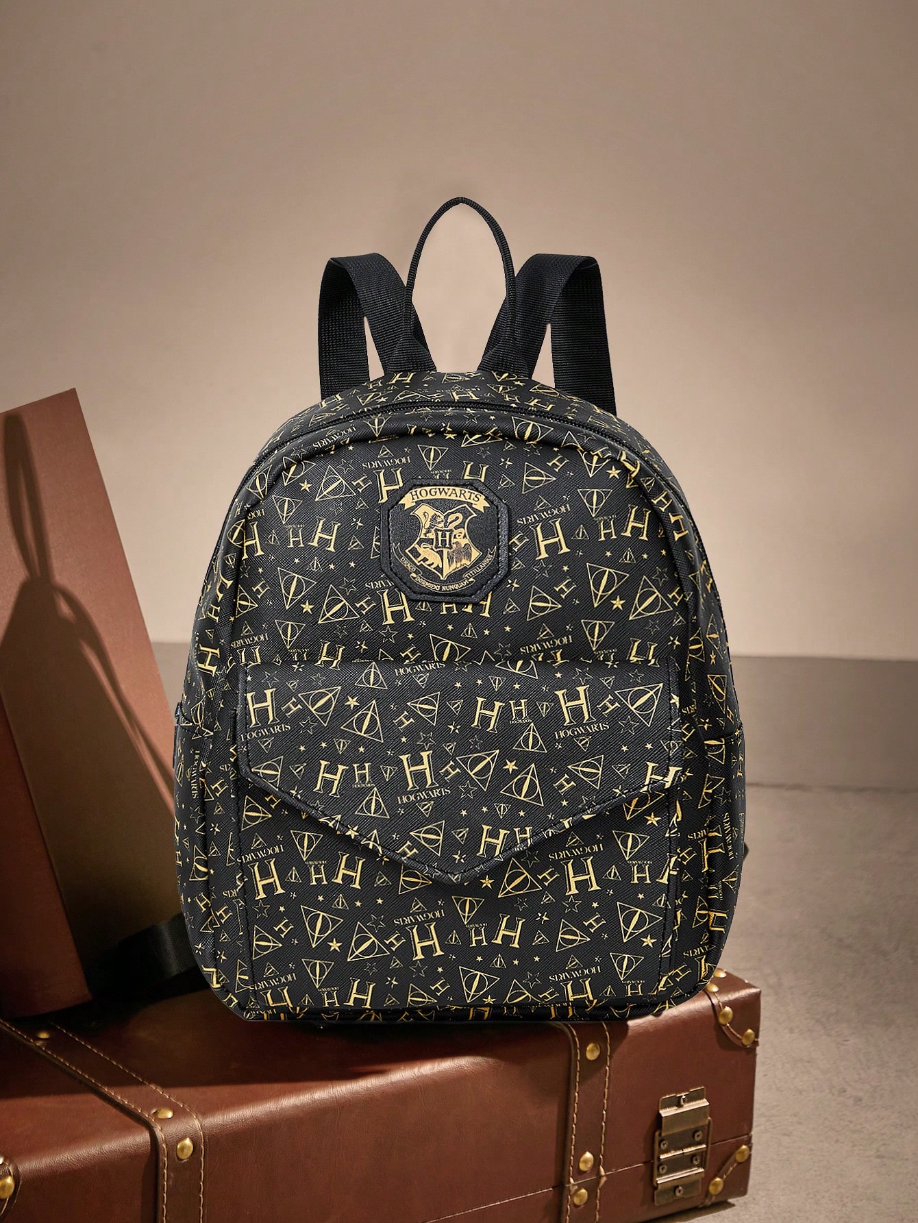 буквенный графический карманный боковой функциональный рюкзак модный черный черный Гарри Поттер | ROMWE Женский модный рюкзак, черный