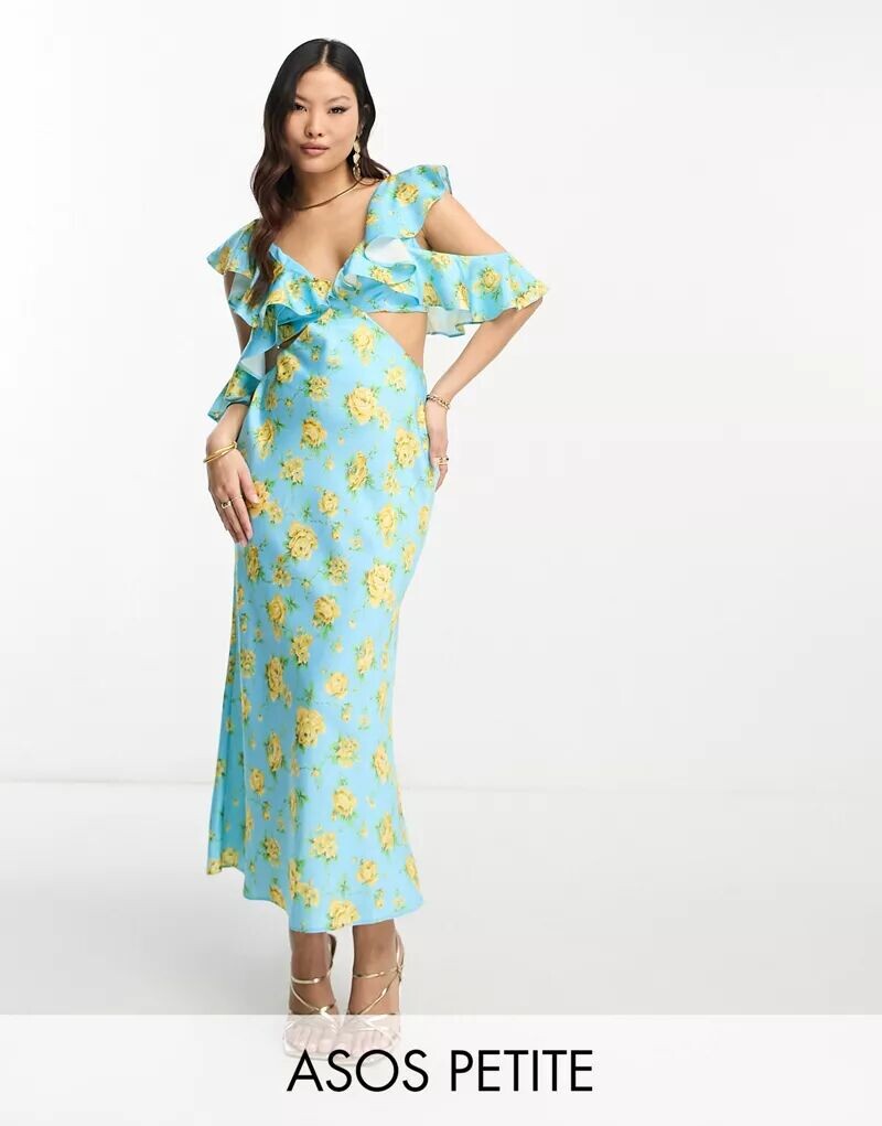 

Синее атласное платье миди ASOS DESIGN Petite с цветочным принтом и разноцветными рукавами-крылышками