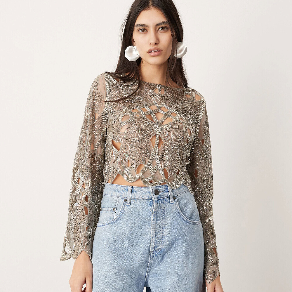 

Топ Asos Edition Cut Work Nouveau Floral Embellished, серый