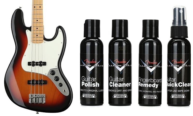 

Fender Player Jazz Bass — 3-тональный Sunburst с кленовой накладкой на гриф в комплекте с Fender Custom Shop Deluxe Guitar Care System — 4 шт. в упаковке 0149902500=1 0990539000=1