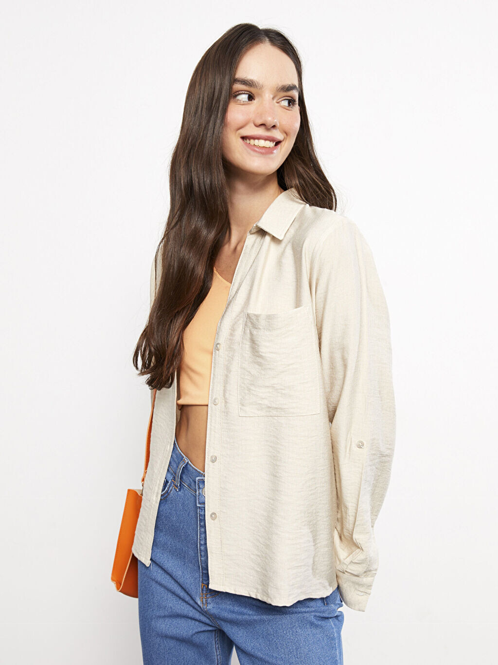 

Прямая женская рубашка с длинным рукавом и застежкой спереди LCW Casual