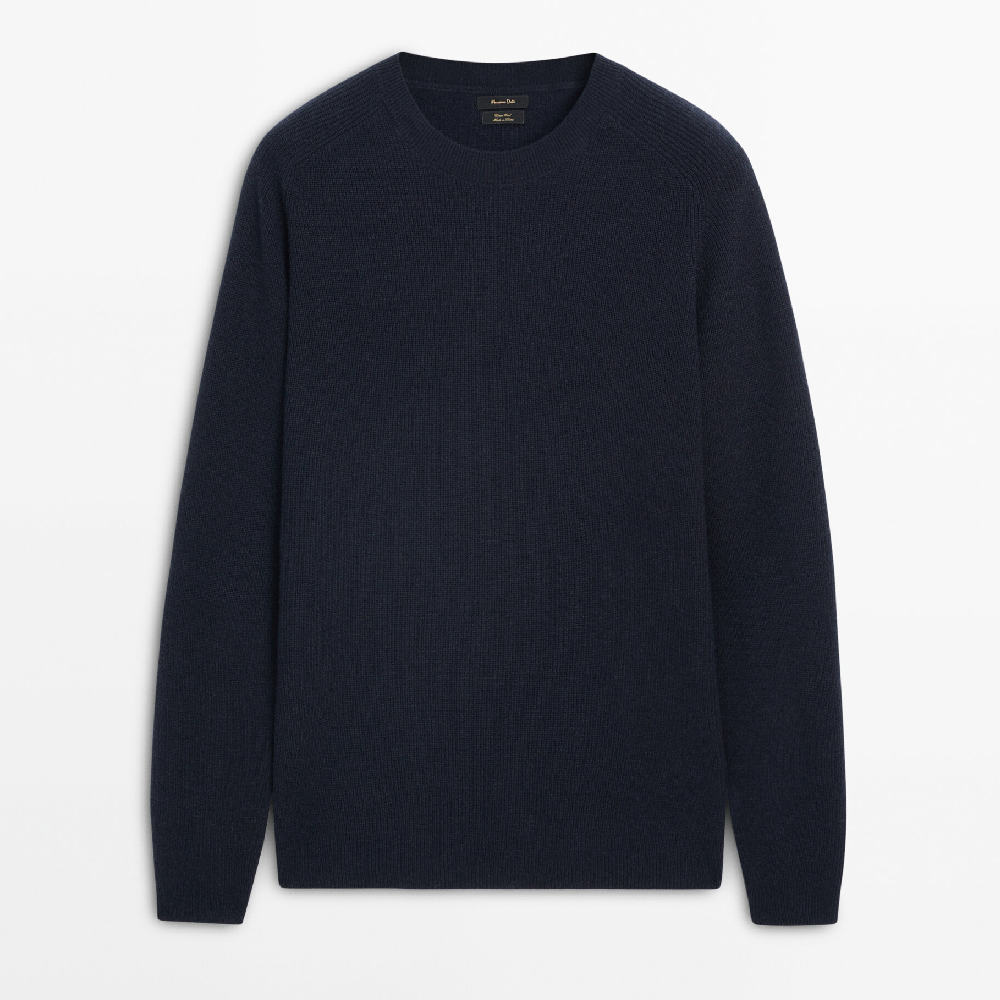 Свитер Massimo Dutti Wool And Cotton Blend Knit With Crew Neck, темно-синий свитер massimo dutti wool blend knit with crew neck светло коричневый