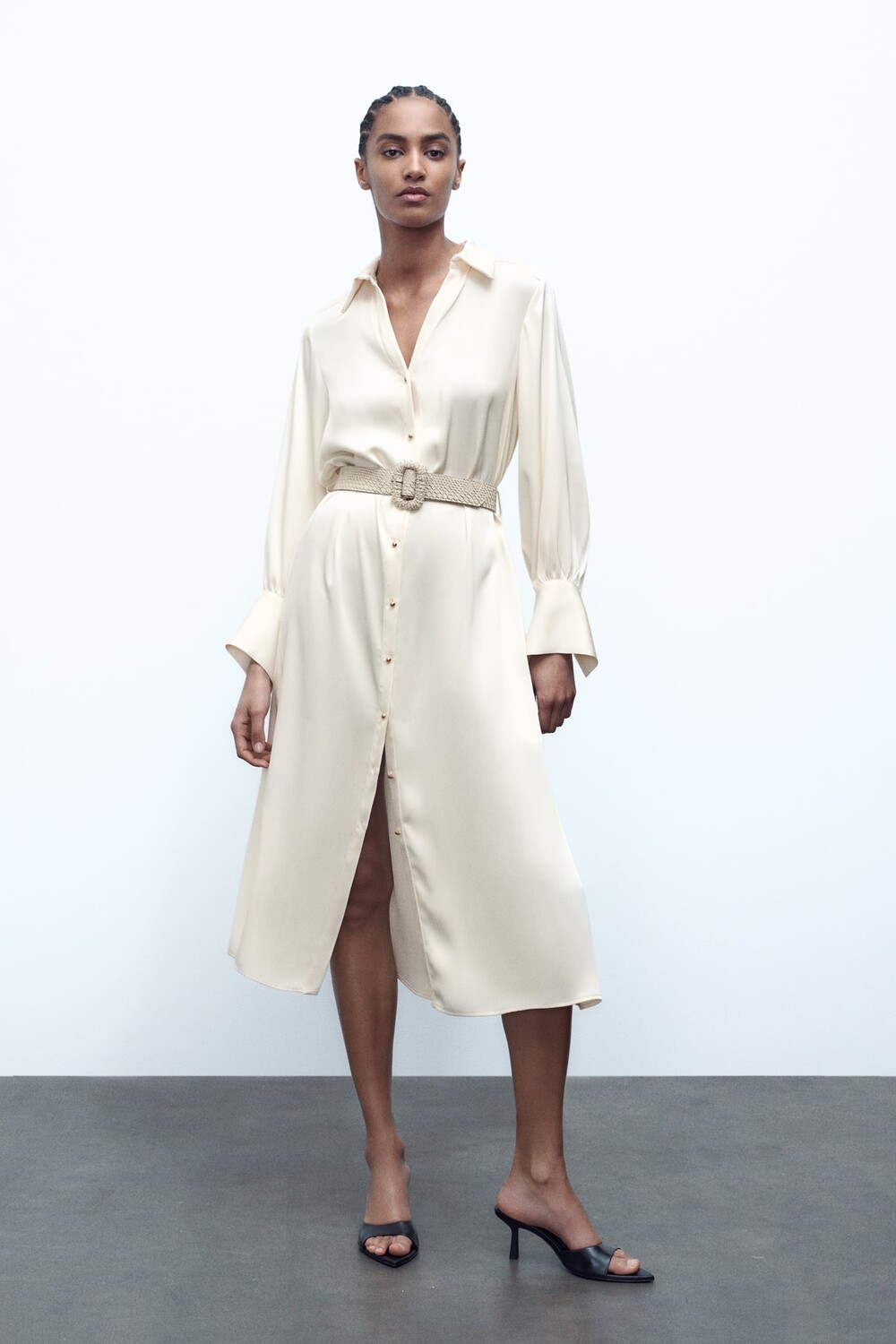 Атласное платье-рубашка с поясом ZARA, экру