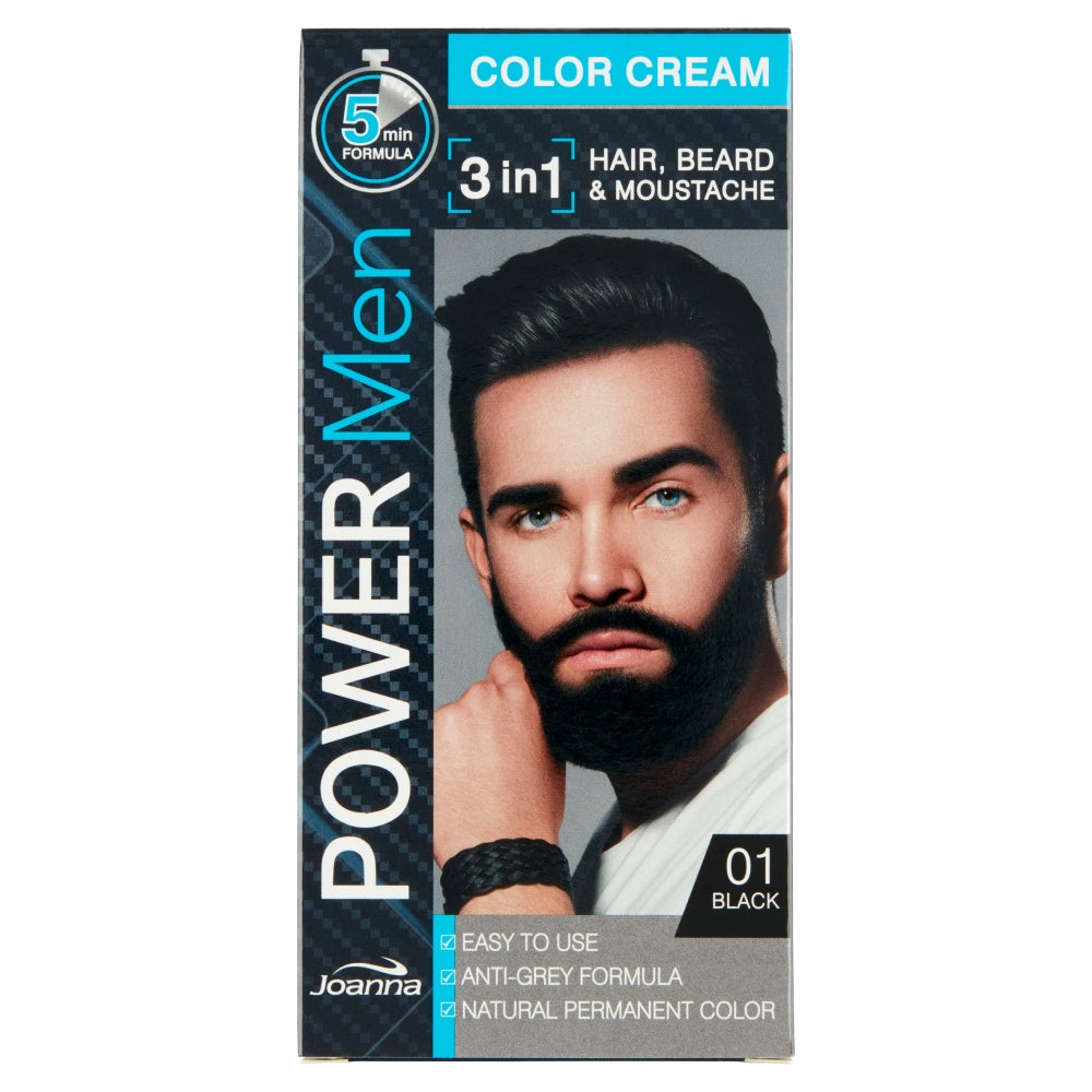 Joanna Краска для волос Power Men Color Cream 3в1 для бороды и усов 01 Черный 30г