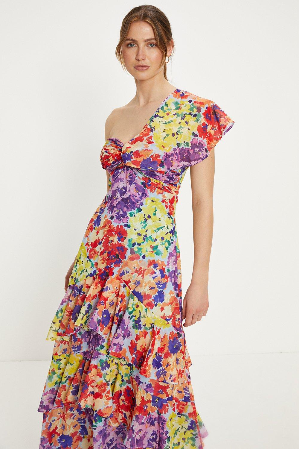 цена Платье миди с асимметричными рюшами и нашивками и цветочным принтом Oasis, мультиколор