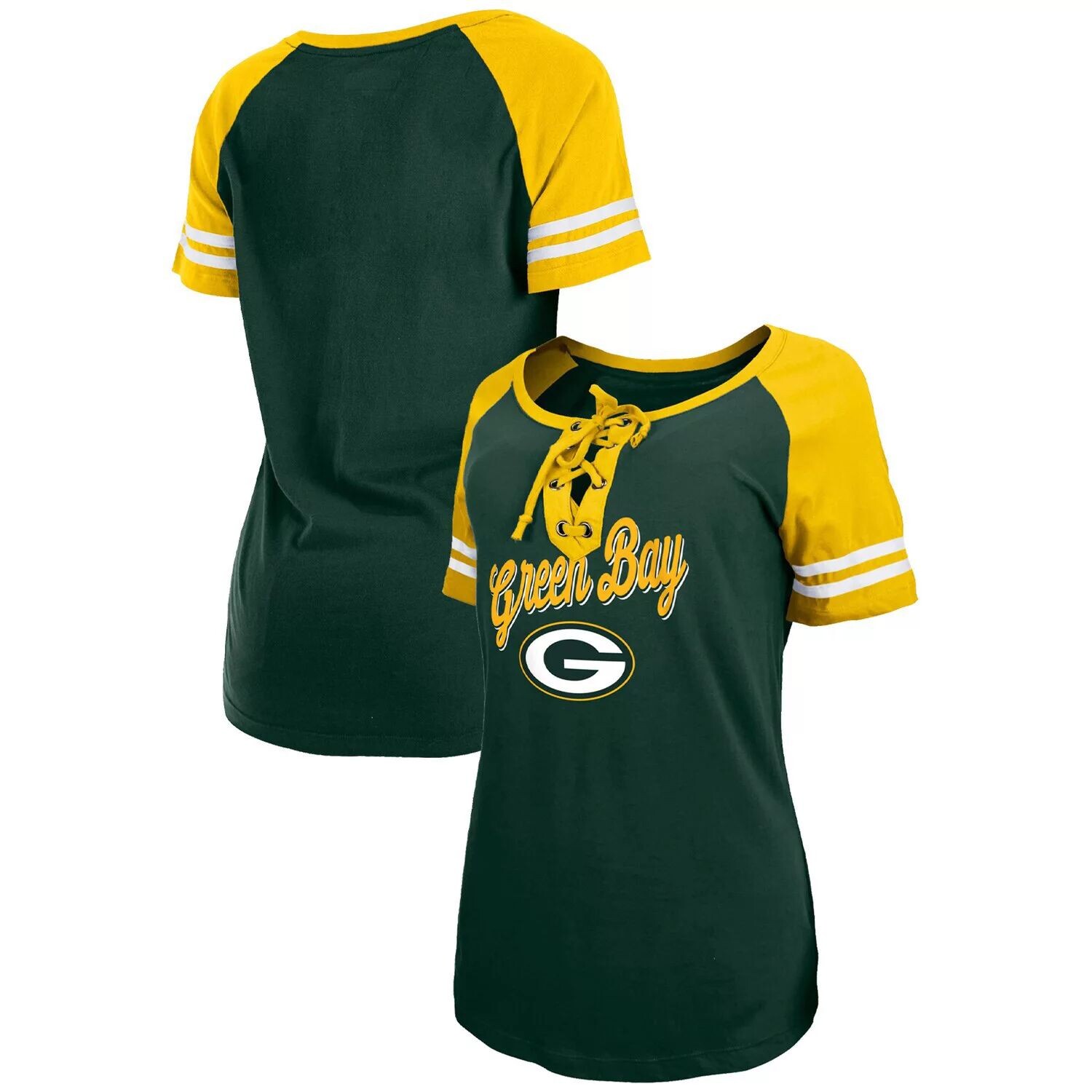 

Женская футболка New Era зеленого/золотого цвета с логотипом Green Bay Packers и шнуровкой реглан New Era, Зеленый