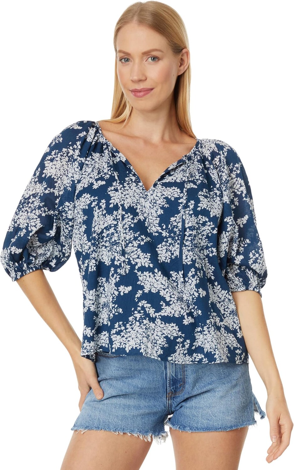 

Прозрачный хлопковый топ-крестьянка с короткими рукавами Abercrombie & Fitch, цвет Blue Floral Print
