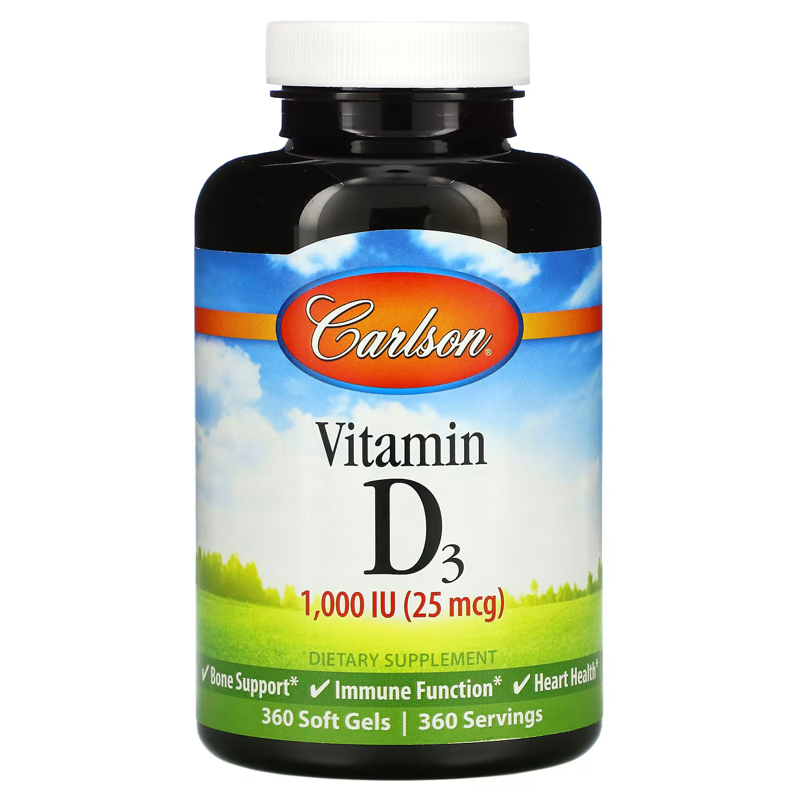Carlson, Витамин D3, 25 мкг (1000 МЕ), 360 мягких таблеток nature s bounty d3 immune health 25 мкг 1000 ме 350 мягких таблеток с быстрым высвобождением