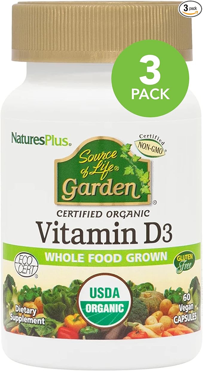 NaturesPlus Source of Life Garden Витамин D3-60 веганские капсулы, упаковка из 3 шт. витамин raw d3 50 мкг 2000 ме 60 капсул garden of life