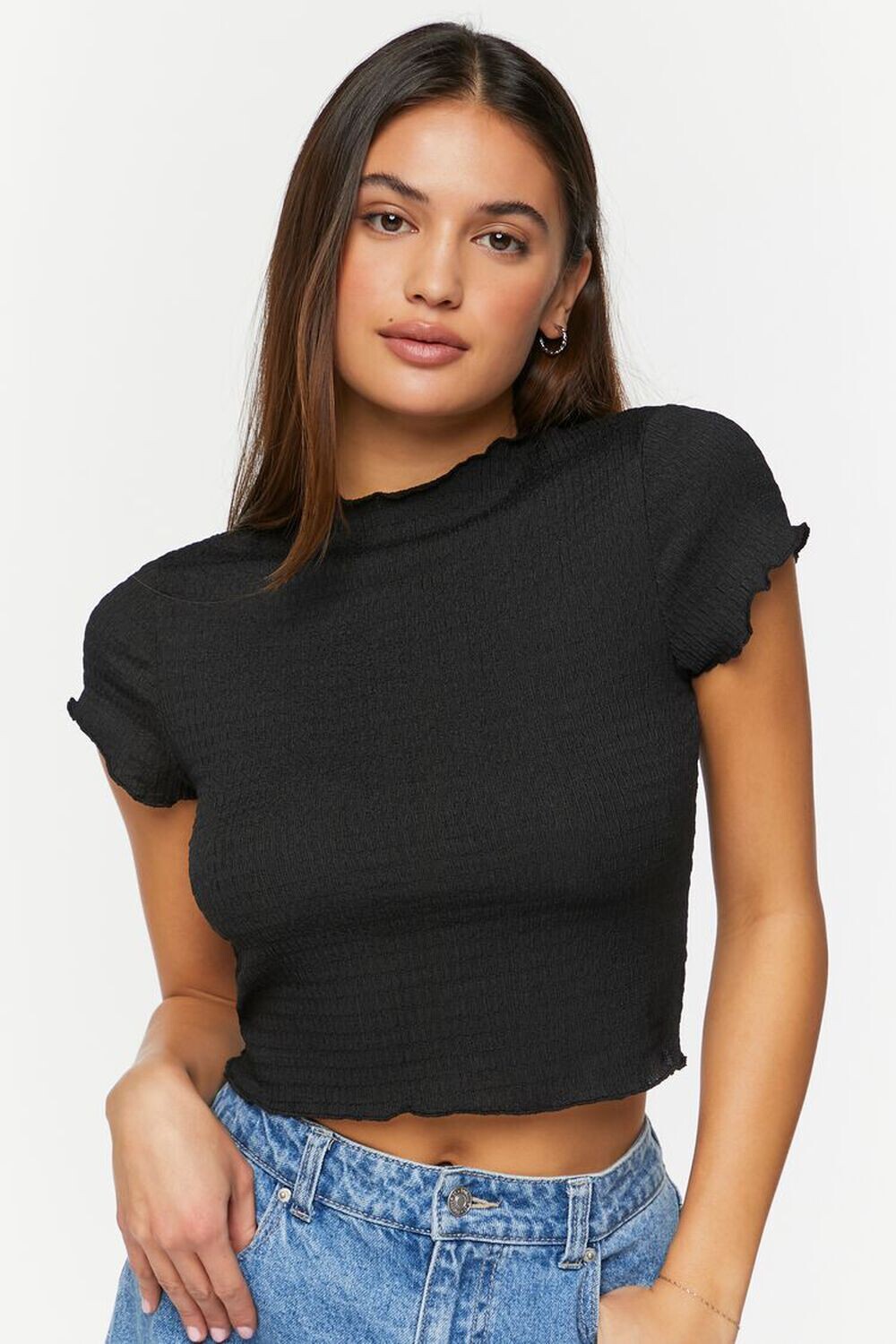 

Укороченный топ со сборками и воротником-стойкой Forever 21, черный