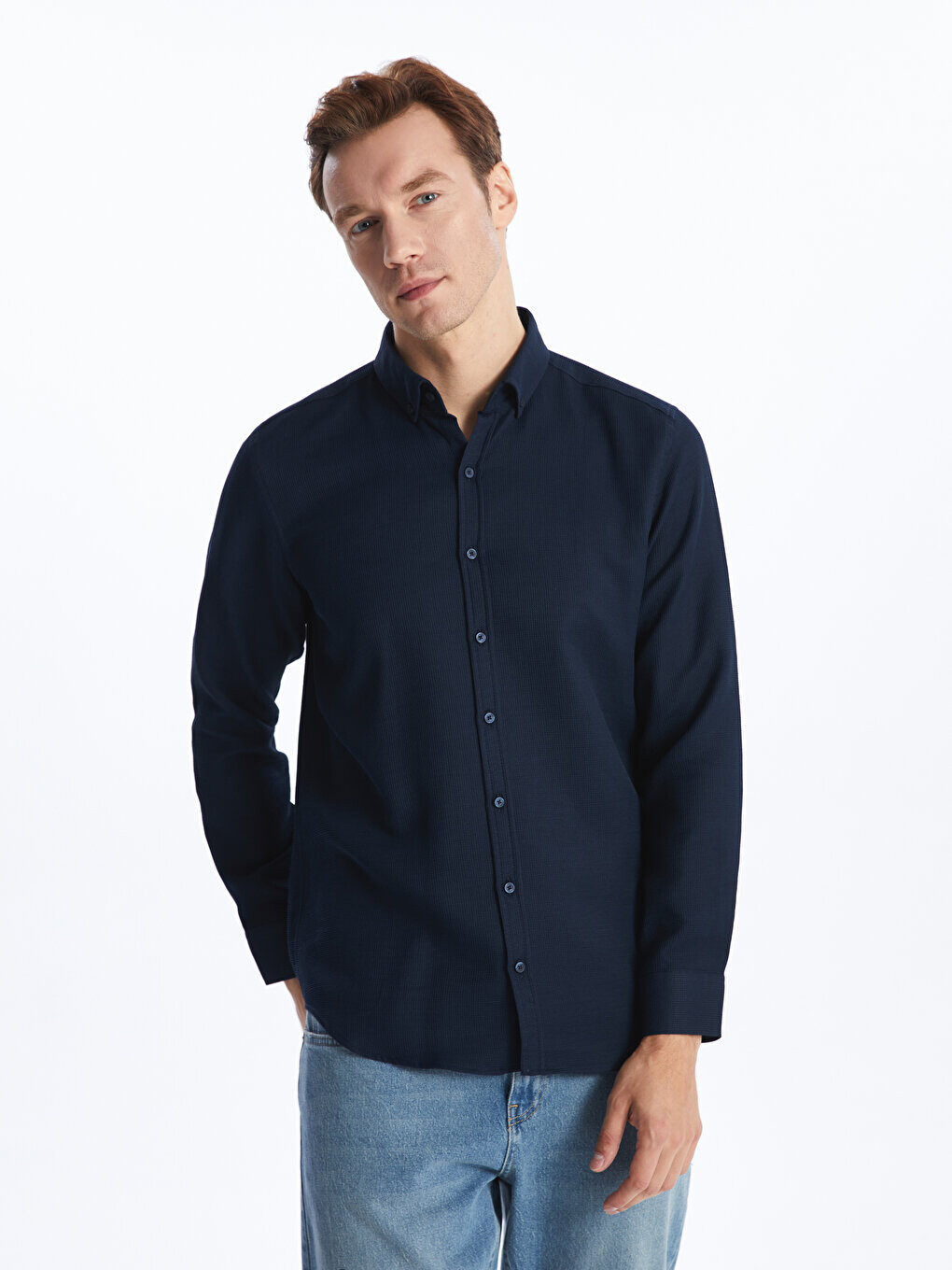 

Мужская рубашка Добби Slim Fit с длинным рукавом LCWAIKIKI Classic, темно-синий