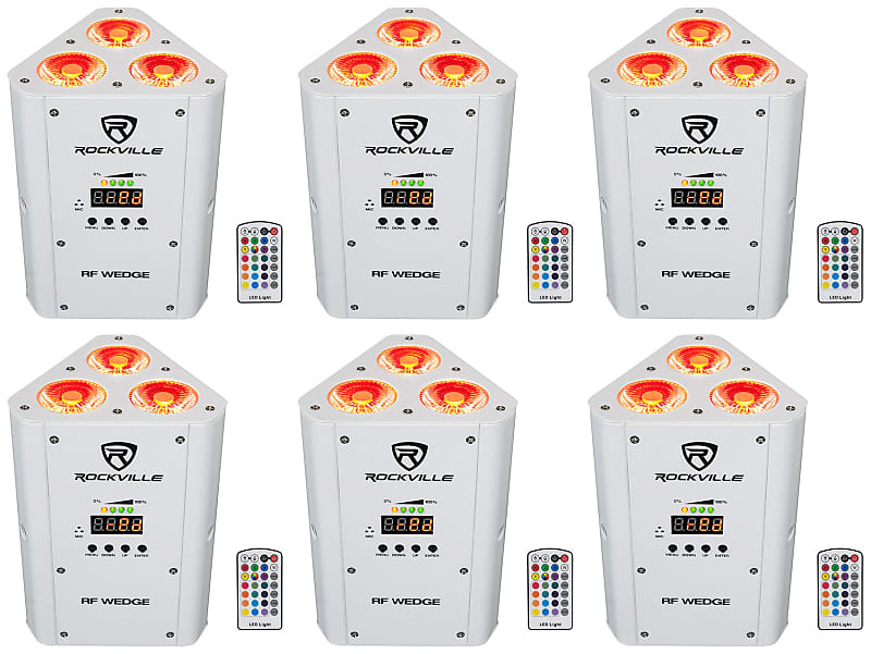Комплект 6 Rockville RF WEDGE WHITE RGBWA + UV Battery Wireless DMX DJ Up Lights + RF Remotes RF WEDGE WHITE