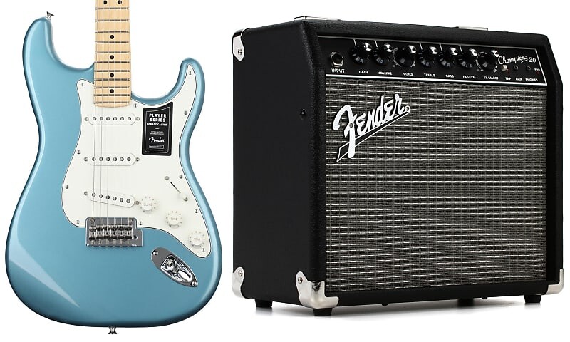 

Fender Player Stratocaster - Tidepool с кленовой накладкой грифа в комплекте с Fender Champion 20 1x8 дюймовый 20-ваттный комбоусилитель 2330200000=1 0144502513=1