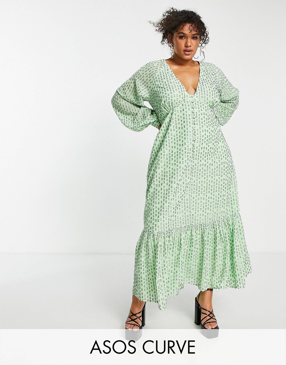 

Зеленое чайное платье макси на пуговицах с эффектом металлик ASOS DESIGN Curve