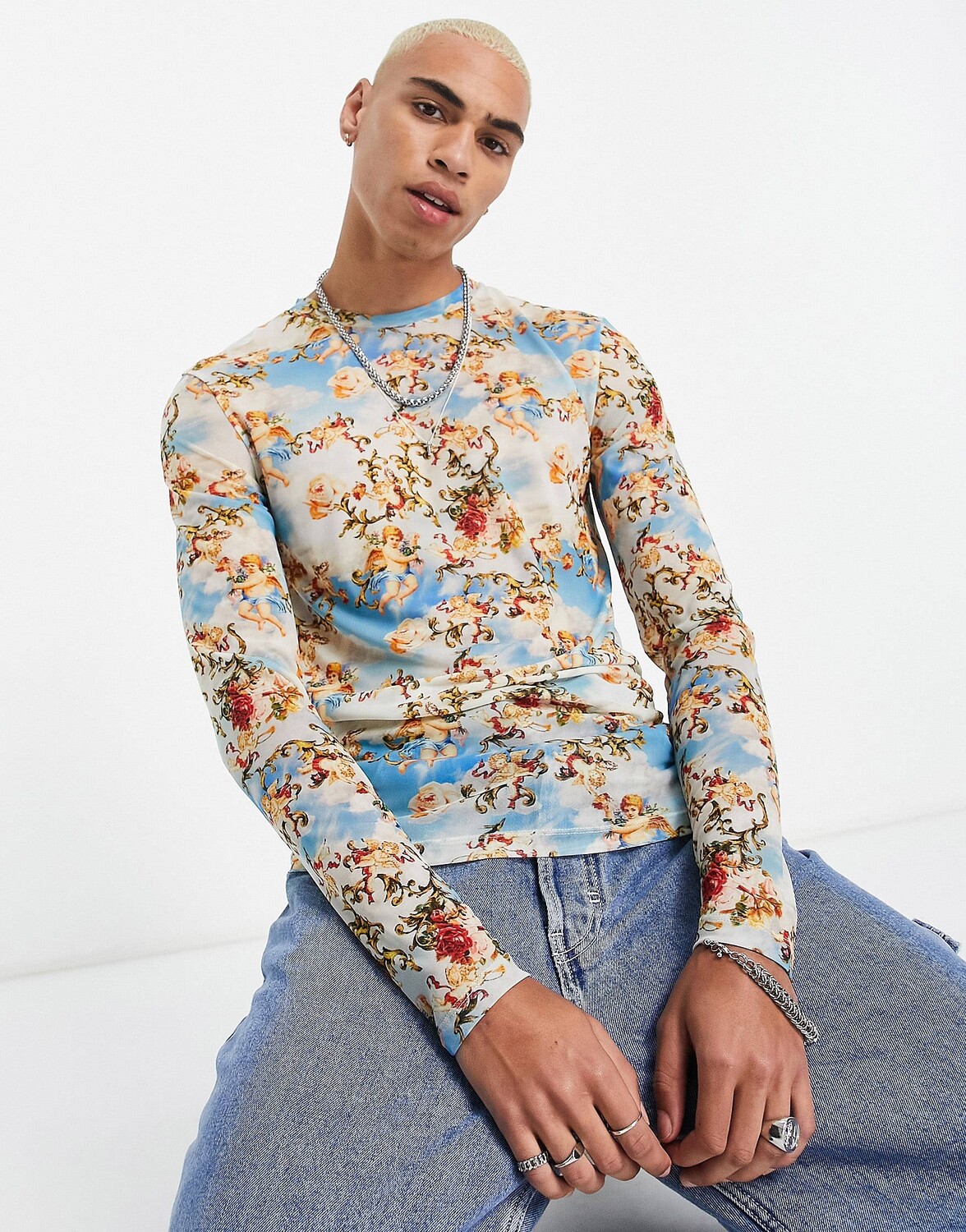

Синяя сетчатая футболка с длинными рукавами и принтом ASOS DESIGN, Синий