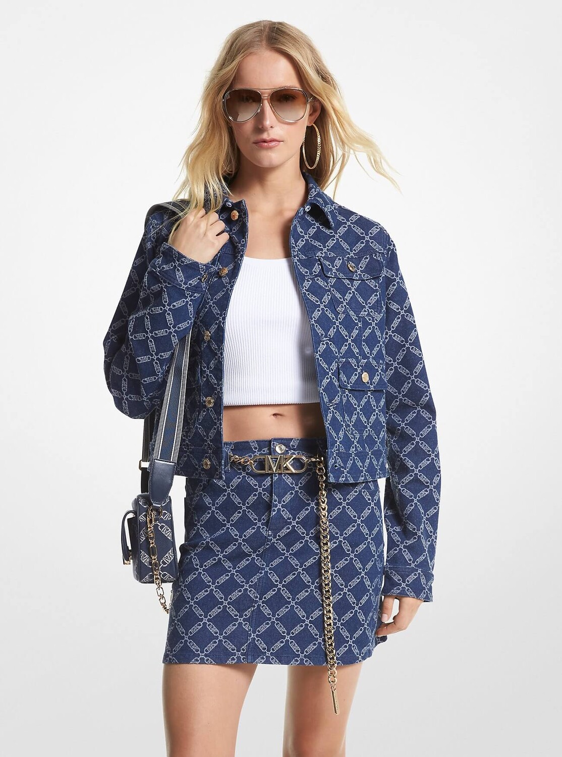 

Мини-юбка Michael Michael Kors Empire Logo Denim Belted, синий