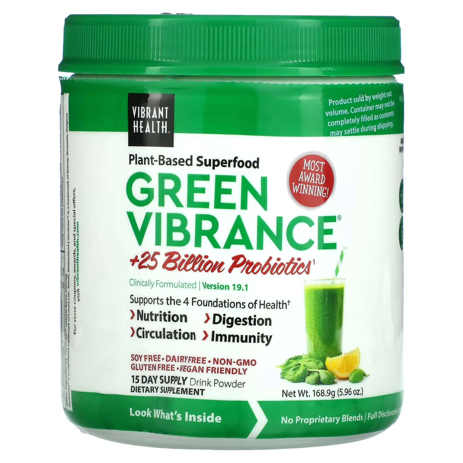Пробиотики Vibrant Health Green Vibrance, 168 г vibrant health green vibrance 25 млрд пробиотиков версия 19 1 168 г 5 96 унции