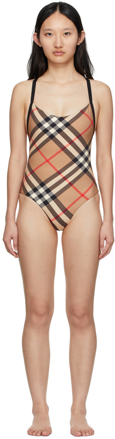 

Бежевый цельный купальник в винтажную клетку Burberry