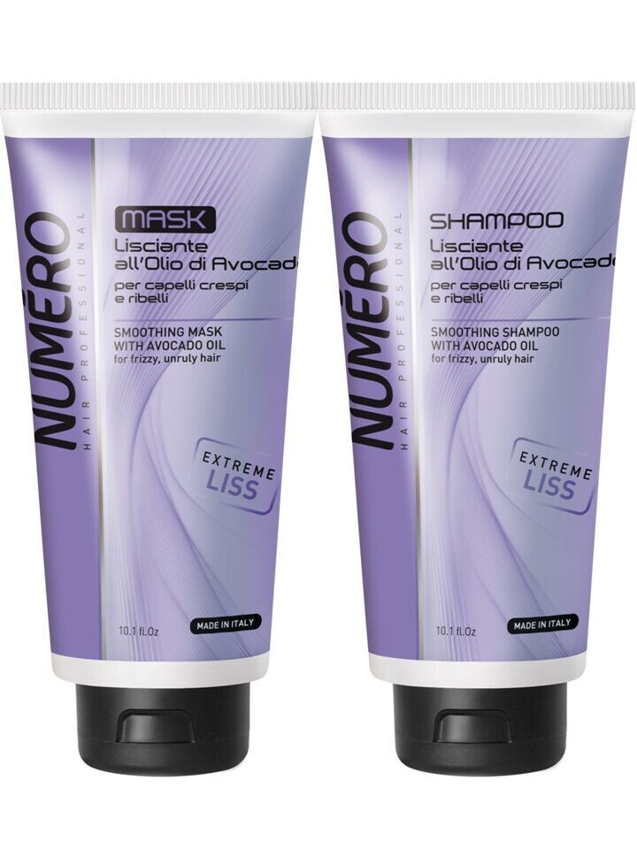 

Numero Smoothing With Avocado Oil набор: разглаживающая маска для волос, 300 мл + шампунь для волос, 300 мл