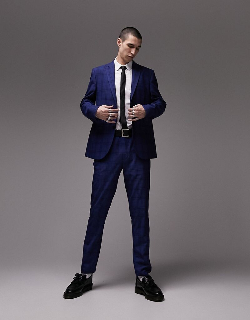 

Синие узкие брюки в клетку Topman
