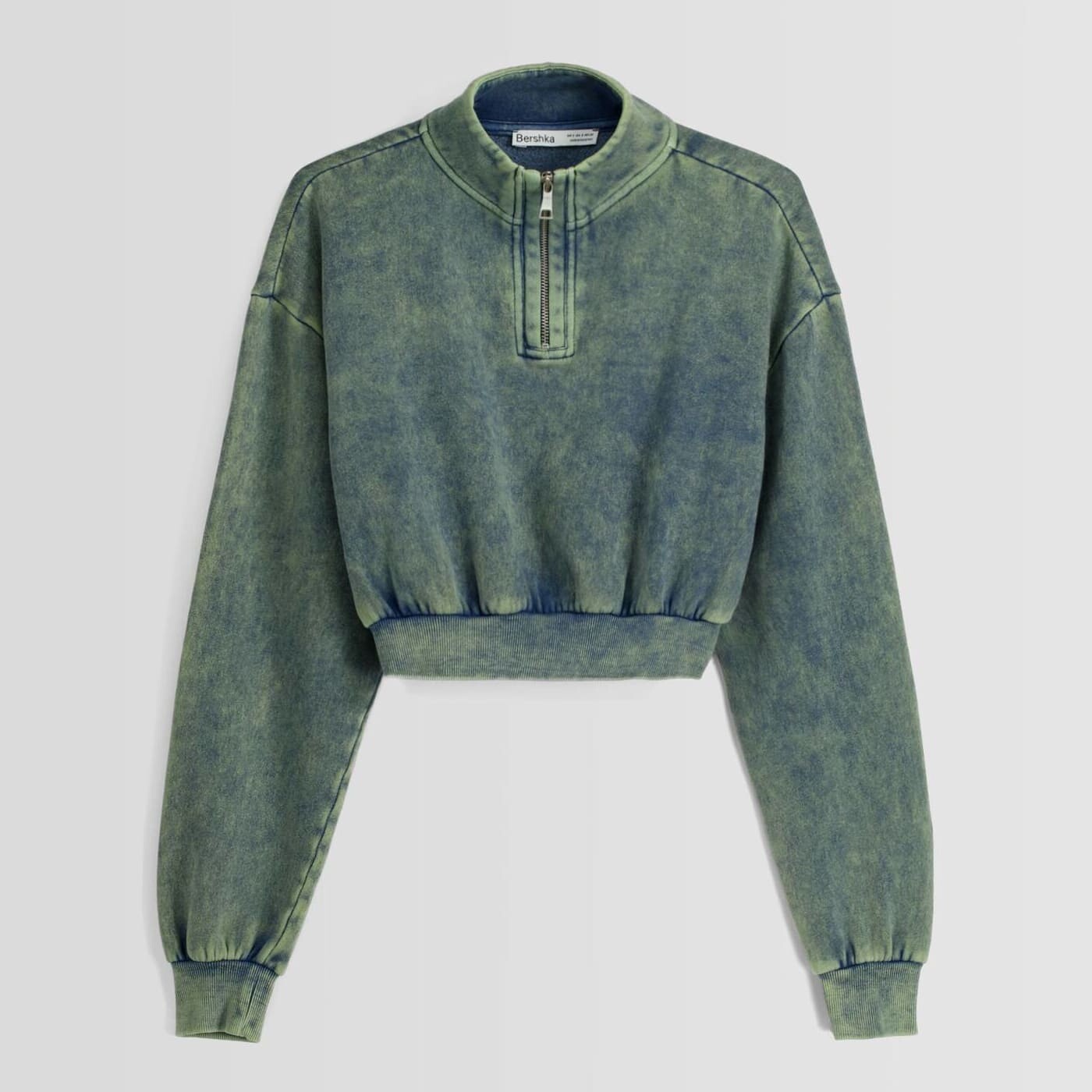 

Свитшот Bershka Washed-effect Cropped, сине-зеленый