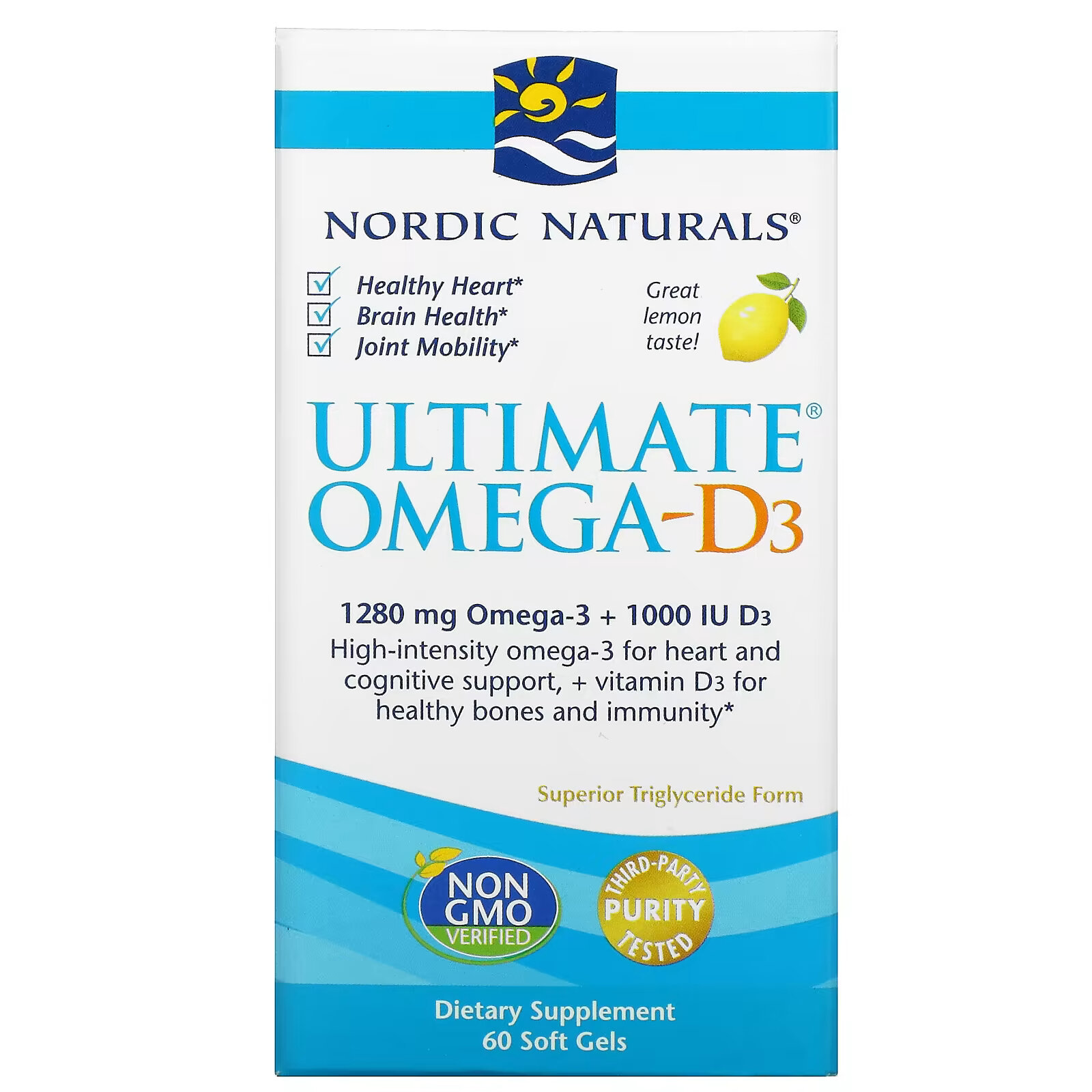 Nordic Naturals, Омега-D3 Ultimate, лимон, 1000 мг, 60 гелевых капсул цена и фото